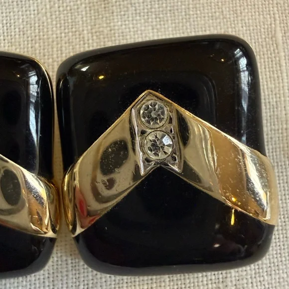 Vintage Art Deco Earrings Black Onyx and Gold Tone chevron overlay Rhinestones - Picture 2 of 7